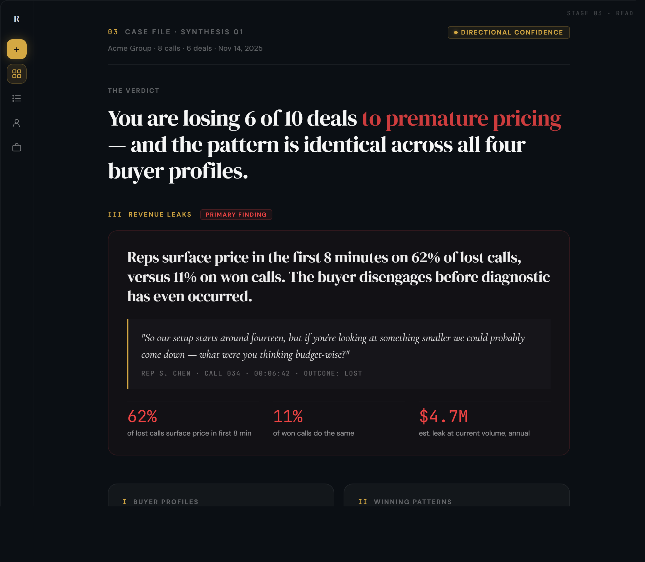 Pattern Intelligence — case file with verdict, revenue leak diagnosis, and pattern evidence